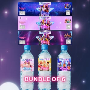 May include: A bundle of six water bottles with custom labels. The labels feature a colorful design with the text "HUNTRIX" and "Olivia's 7th Birthday". The bottles have blue caps and are arranged against a purple background.