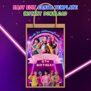 May include: A tan gift bag with a colorful design. The bag features the text "EASY EDIT CANVA TEMPLATE INSTANT DOWNLOAD" at the top. The design includes illustrations of people and the text "Rumi's 6TH BIRTHDAY".