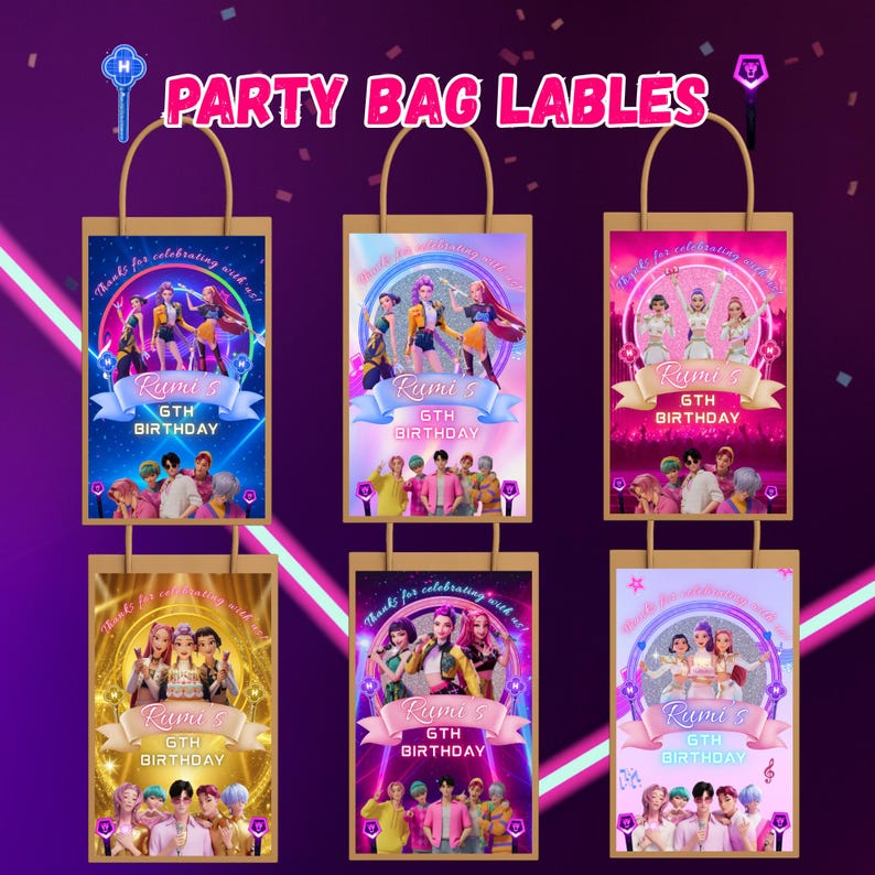 May include: Six party bag labels with colorful designs. Each bag features a different group of animated characters, the text "Rumi's 6th Birthday", and the phrase "Thanks for celebrating with us!" The bags have brown handles.