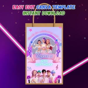 May include: A tan gift bag with a colorful birthday design. The design features a group of animated characters, the text "Rumi's 6th Birthday", and the words "Easy Edit Canva Template Instant Download" in the top banner.
