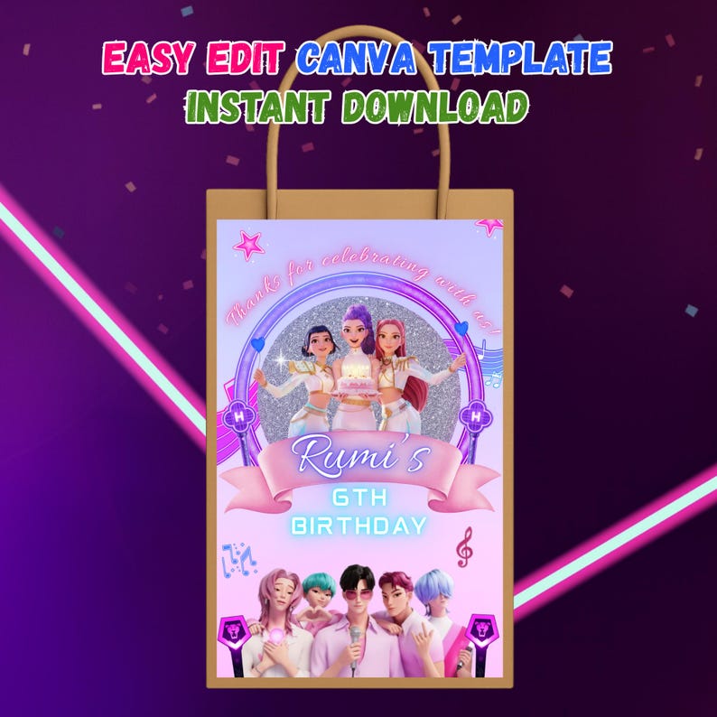 May include: A tan gift bag with a colorful birthday design. The design features a group of animated characters, the text "Rumi's 6th Birthday", and the words "Easy Edit Canva Template Instant Download" in the top banner.