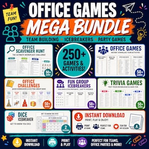 Puede incluir: Un paquete digital imprimible de juegos de oficina con más de 250 actividades, incluyendo búsquedas del tesoro, trivia, rompehielos y desafíos. El gráfico azul oscuro muestra texto en blanco y naranja, iconos de dados, bombillas y aviones de papel, con instrucciones de descarga.