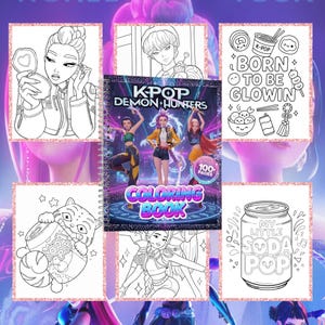 May include: A K-Pop themed coloring book titled "K-Pop Demon Hunters" with 100 pages, surrounded by several coloring pages. The coloring pages feature illustrations of K-Pop themed images, including a soda can, a cat, and various K-Pop related graphics.