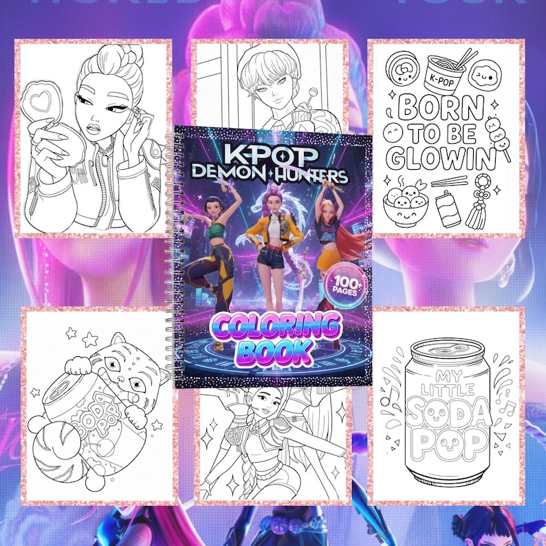 May include: A K-Pop themed coloring book titled "K-Pop Demon Hunters" with 100 pages, surrounded by several coloring pages. The coloring pages feature illustrations of K-Pop themed images, including a soda can, a cat, and various K-Pop related graphics.