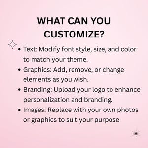May include: A pink background with the text "WHAT CAN YOU CUSTOMIZE?" and bullet points detailing customization options: text, graphics, branding, and images. The text is in a bold, sans-serif font.