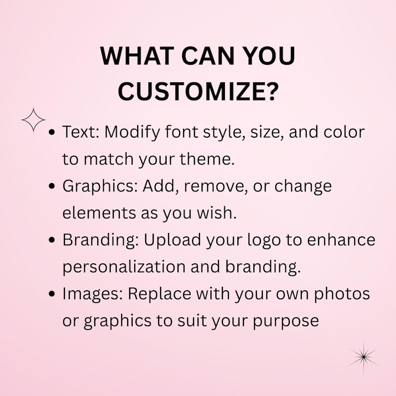 May include: A pink background with the text "WHAT CAN YOU CUSTOMIZE?" and bullet points detailing customization options: text, graphics, branding, and images. The text is in a bold, sans-serif font.