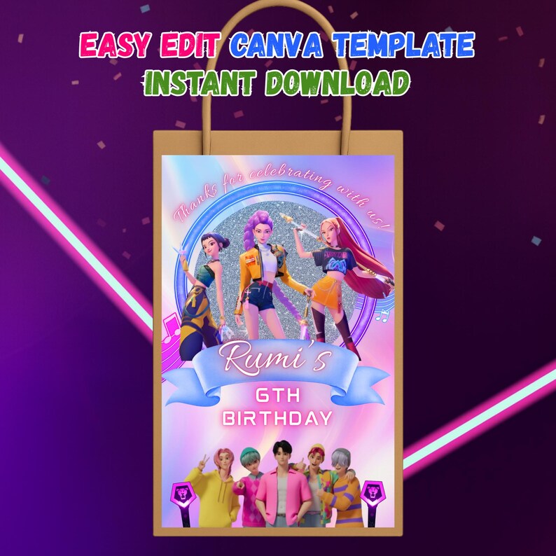 May include: A tan gift bag design with the text "EASY EDIT CANVA TEMPLATE INSTANT DOWNLOAD" in pink and green. The design features a birthday theme with illustrations of people and the text "Rumi's 6TH BIRTHDAY".