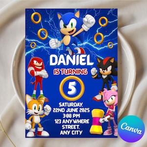 May include: A birthday invitation featuring Sonic the Hedgehog and friends. The blue background has lightning bolts and gold rings. The invitation says "DANIEL IS TURNING 5" with event details: date, time, and location.