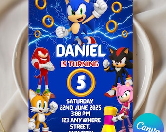 Sonic Birthday Invitation, Sonic, Knuckle and Tails Birthday Party Invite, Canva Template, Super Sonic Party Invite, Sonic The Hedgehog