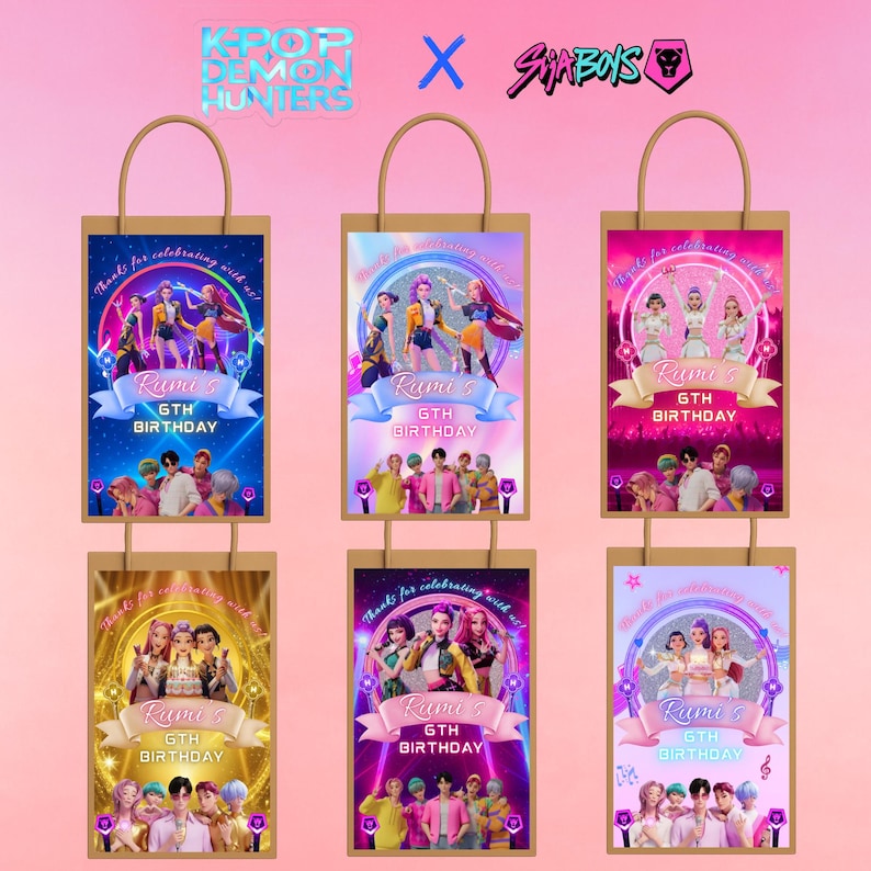 May include: Six brown paper gift bags with colorful designs. Each bag features a K-Pop theme with the text "Rumi's 6th Birthday." The bags have images of animated characters and the text "Thanks for celebrating with us!"