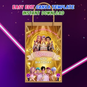 May include: A tan gift bag with a golden design featuring a birthday theme. The bag has the text "EASY EDIT CANVA TEMPLATE INSTANT DOWNLOAD" at the top. The design includes illustrations of people, a cake, and the text "Rumi's 6th Birthday".