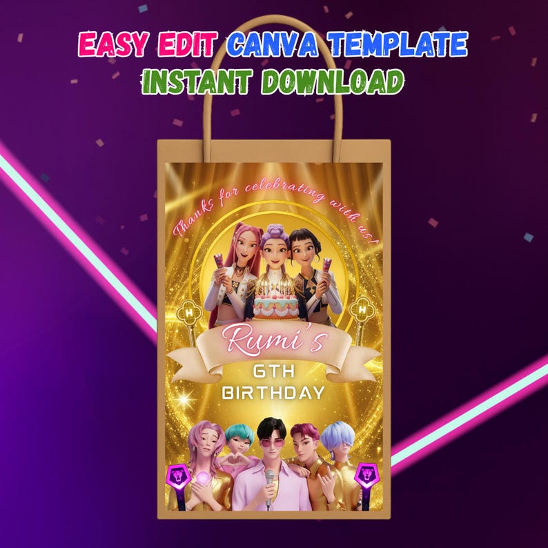 May include: A tan gift bag with a golden design featuring a birthday theme. The bag has the text "EASY EDIT CANVA TEMPLATE INSTANT DOWNLOAD" at the top. The design includes illustrations of people, a cake, and the text "Rumi's 6th Birthday".
