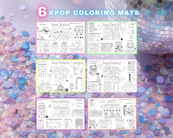 K-POPバースデーぬり絵マット、6枚の印刷可能なアクティビティシート、パーソナライズされたデジタルダウンロードパーティーの記念品、印刷可能なパーティーの記念品