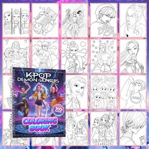 May include: A KPOP Demon Hunters colouring book with 100 pages, surrounded by various black and white illustrations of anime-style characters. The book cover features three figures in colourful outfits. The words "COLORING BOOK" are also visible.