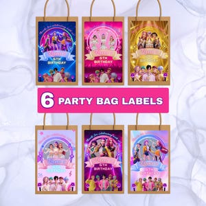 May include: Six party bag labels with colorful designs. Each label features a group of people, the name "Kaylee", and "6th Birthday" on a banner. The labels are on brown paper bags with handles, and the text "6 PARTY BAG LABELS" is displayed.
