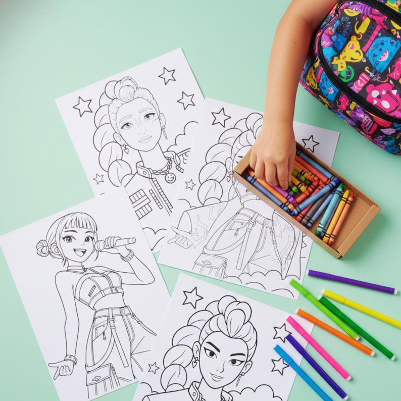 May include: Four black and white coloring pages with illustrations of a woman with a microphone and other portraits. A hand reaches for a box of crayons. Several colored markers are scattered on the light green surface. A colorful backpack is in the upper right corner.