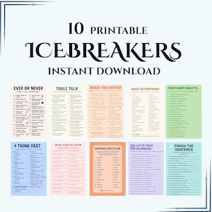以下が含まれることがあります： 「Ever or Never」や「Finish the Sentence」など、10種類の印刷可能なアイスブレーカーゲームのセットです。「10 Printable Icebreakers」というタイトルが大きく太字で表示されています。ゲームは即時ダウンロード用に設計されています。