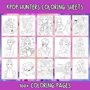 May include: A collection of KPOP HUNTERS COLORING SHEETS, featuring various black and white illustrations of K-pop stars and characters. The image includes the text "100+ COLORING PAGES" and other phrases like "PLAY GAMES WITH US!" and "KPOP DEMON HUNTERS".