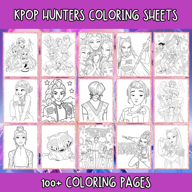 May include: A collection of KPOP HUNTERS COLORING SHEETS, featuring various black and white illustrations of K-pop stars and characters. The image includes the text "100+ COLORING PAGES" and other phrases like "PLAY GAMES WITH US!" and "KPOP DEMON HUNTERS".