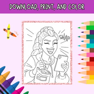 May include: Black and white line drawing of a person holding a phone and a snack bag, with the word "SNAP" above the phone. The image is framed with a pink glitter border and the text "DOWNLOAD, PRINT, AND COLOR" at the top.
