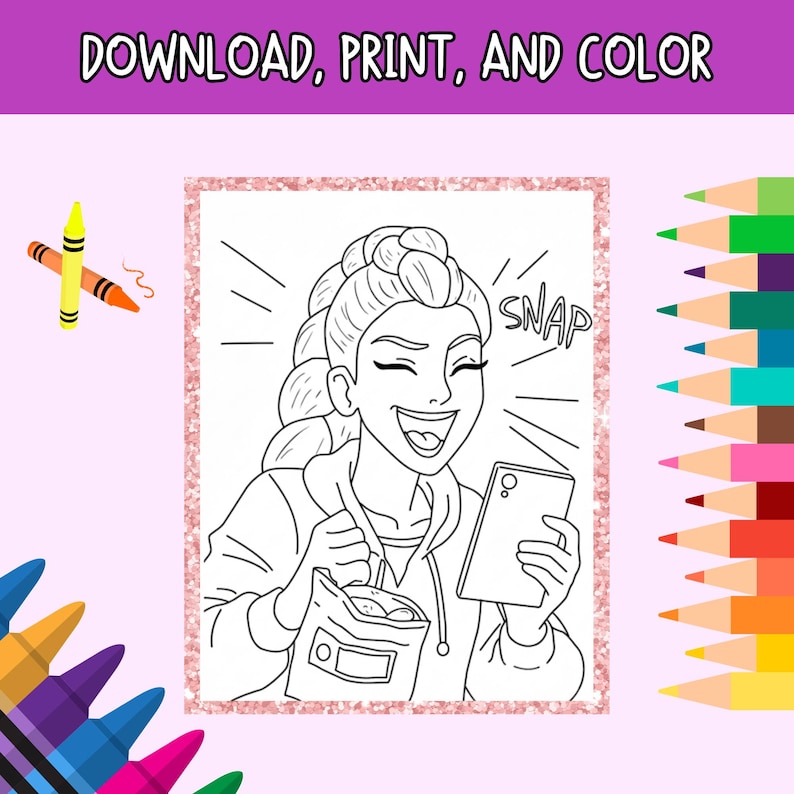 May include: Black and white line drawing of a person holding a phone and a snack bag, with the word "SNAP" above the phone. The image is framed with a pink glitter border and the text "DOWNLOAD, PRINT, AND COLOR" at the top.