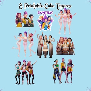 May include: Eight printable cake toppers featuring stylized illustrations of female figures in various poses and outfits. The toppers include the text "8 Printable Cake Toppers" and the word "HUNTRA" in a star-shaped design.