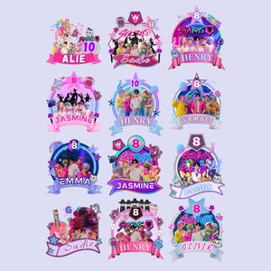 May include: A collection of colorful birthday party decorations featuring the text "Six Boys" and various names like "Alie," "Sadie," and "Henry." Each design includes a number, stars, and images of people, all set against a light purple background.