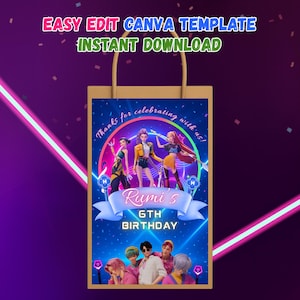 May include: A tan paper gift bag featuring a digital illustration for a 6th birthday celebration. The design includes a group of animated figures and the text "Rumi's 6th Birthday". The bag also has the text "Easy Edit Canva Template Instant Download".