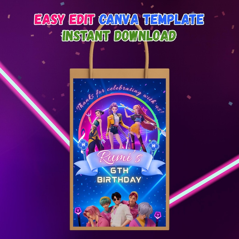 May include: A tan paper gift bag featuring a digital illustration for a 6th birthday celebration. The design includes a group of animated figures and the text "Rumi's 6th Birthday". The bag also has the text "Easy Edit Canva Template Instant Download".