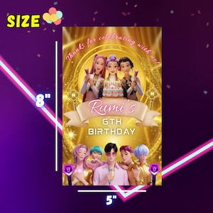 May include: A rectangular birthday banner, 8 inches tall and 5 inches wide, features animated characters and the text "Rumi's 6th Birthday." The design includes the phrase "Thanks for celebrating with us!" in a gold-toned, celebratory theme.