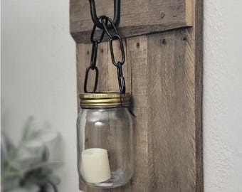 Rustic Reclaimed Wood Candle Holder: Farmhouse Mason Jar Wall Decor