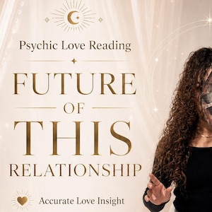 Op de afbeelding: Een advertentie voor een psychische liefdeslezing met de tekst Psychic Love Reading, FUTURE OF THIS RELATIONSHIP, Accurate Love Insight, Relationship Guidance, Same Hour Delivery, No AI en LOVE CLARITY TRUTH met tarotkaarten.