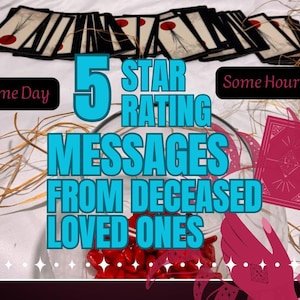 Könnte beinhalten: Ein Bild mit einem Kartenspiel mit schwarzen Rändern und roten kreisförmigen Akzenten, angeordnet auf einer weißen Oberfläche. Der Text überlagert "5 STAR RATING MESSAGES FROM DECEASED LOVED ONES". Dekorative Elemente sind vorhanden.