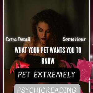Könnte beinhalten: Ein Bild mit dem Text "WHAT YOUR PET WANTS YOU TO KNOW" und "PSYCHIC READING". Das Bild zeigt eine Person mit dunklen Haaren und einem dunklen Hintergrund. Der Text ist in Weiß und Schwarz gehalten, mit einem rosa Akzent.