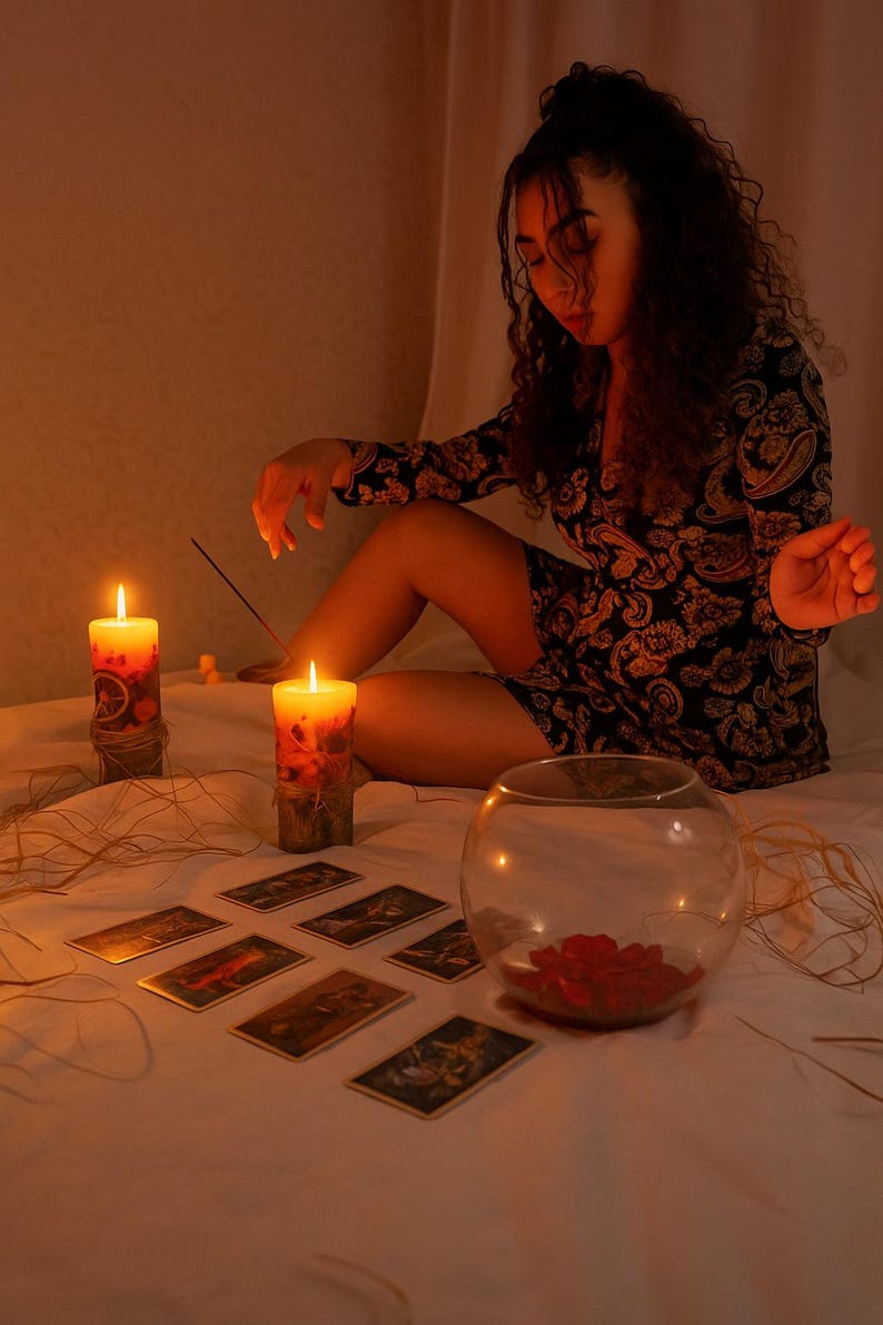 May include: A dimly lit scene featuring lit candles, tarot cards, and a glass bowl with red petals. The candles are cylindrical with decorative elements. The tarot cards are arranged on a white surface, suggesting a mystical or spiritual theme.