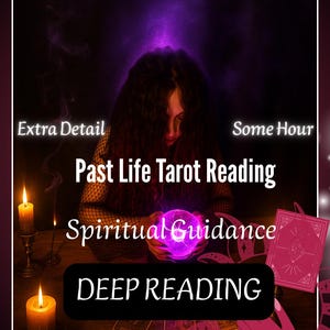 May include: An image promoting a past life tarot reading. The image features a person holding a glowing purple orb, with text overlay including "Past Life Tarot Reading" and "Spiritual Guidance". Two lit candles are visible.