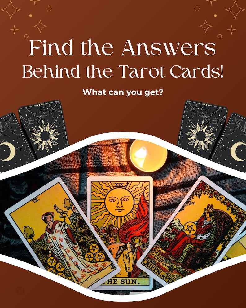 May include: An image featuring tarot cards with the text "Find the Answers Behind the Tarot Cards!" and "What can you get?" The cards are arranged with a lit candle, showcasing detailed illustrations and symbols.