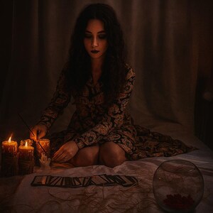 May include: A person in a paisley dress sits on a bed, lighting candles. Tarot cards and a glass orb with red petals are on the bed. The scene is dimly lit, creating a mystical atmosphere.