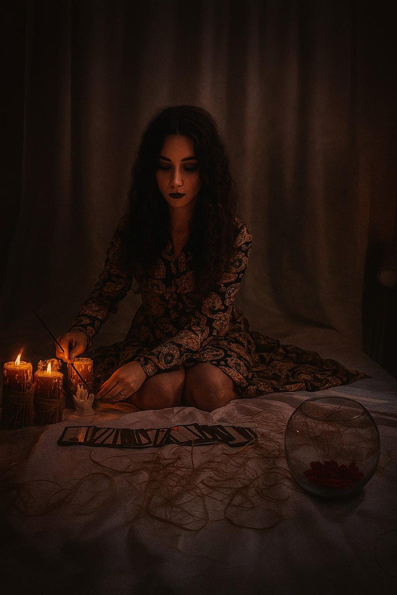May include: A person in a paisley dress sits on a bed, lighting candles. Tarot cards and a glass orb with red petals are on the bed. The scene is dimly lit, creating a mystical atmosphere.