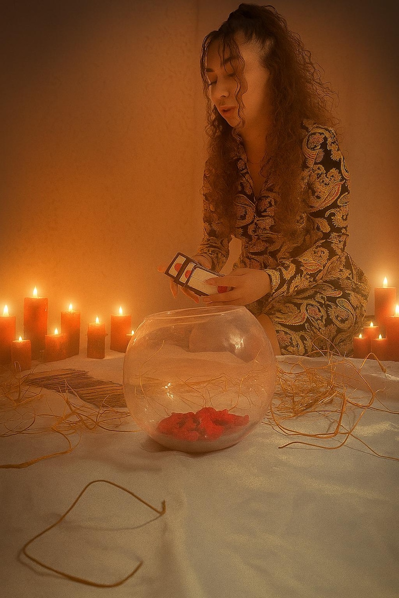 May include: A clear glass bowl with red petals inside sits on a white surface. A person is holding a small rectangular object above the bowl. Lit candles are in the background, creating a warm, inviting atmosphere. The person is wearing a patterned dress.