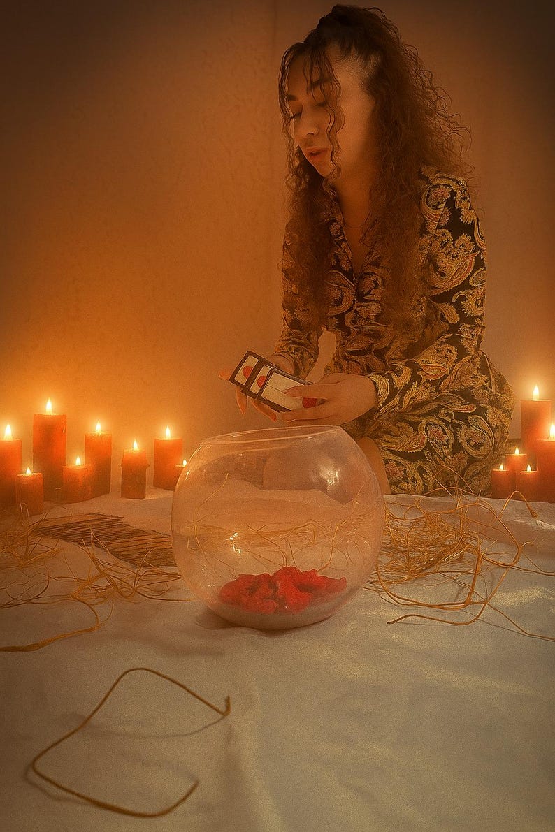 May include: A clear glass bowl with red petals inside sits on a white surface. A person holds a small rectangular object above the bowl. Lit candles and decorative straw are arranged around the bowl, creating a warm, inviting atmosphere.