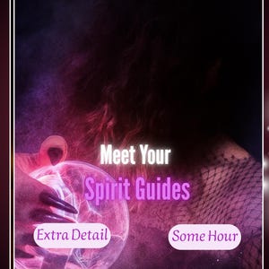 Può includere: Immagine scura con il testo "Meet Your Spirit Guides" su una sfera di cristallo. L'immagine ha una combinazione di colori viola e rosa. Una mano con unghie lunghe e scure tiene la sfera di cristallo. Sono presenti anche le parole "Extra Detail" e "Some Hour".