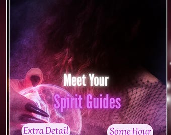 Puede incluir: Imagen oscura con el texto "Meet Your Spirit Guides" sobre una bola de cristal. La imagen tiene una combinación de colores púrpura y rosa. Una mano con uñas largas y oscuras sostiene la bola de cristal. También están presentes las palabras "Extra Detail" y "Some Hour".
