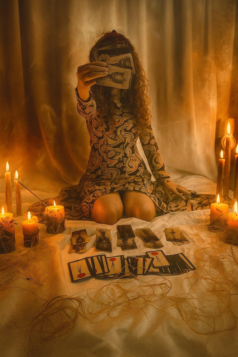 May include: A person holding tarot cards, with several cards laid out in front. The person is wearing a patterned dress, surrounded by lit candles. The scene is bathed in warm, golden light, creating a mystical atmosphere.