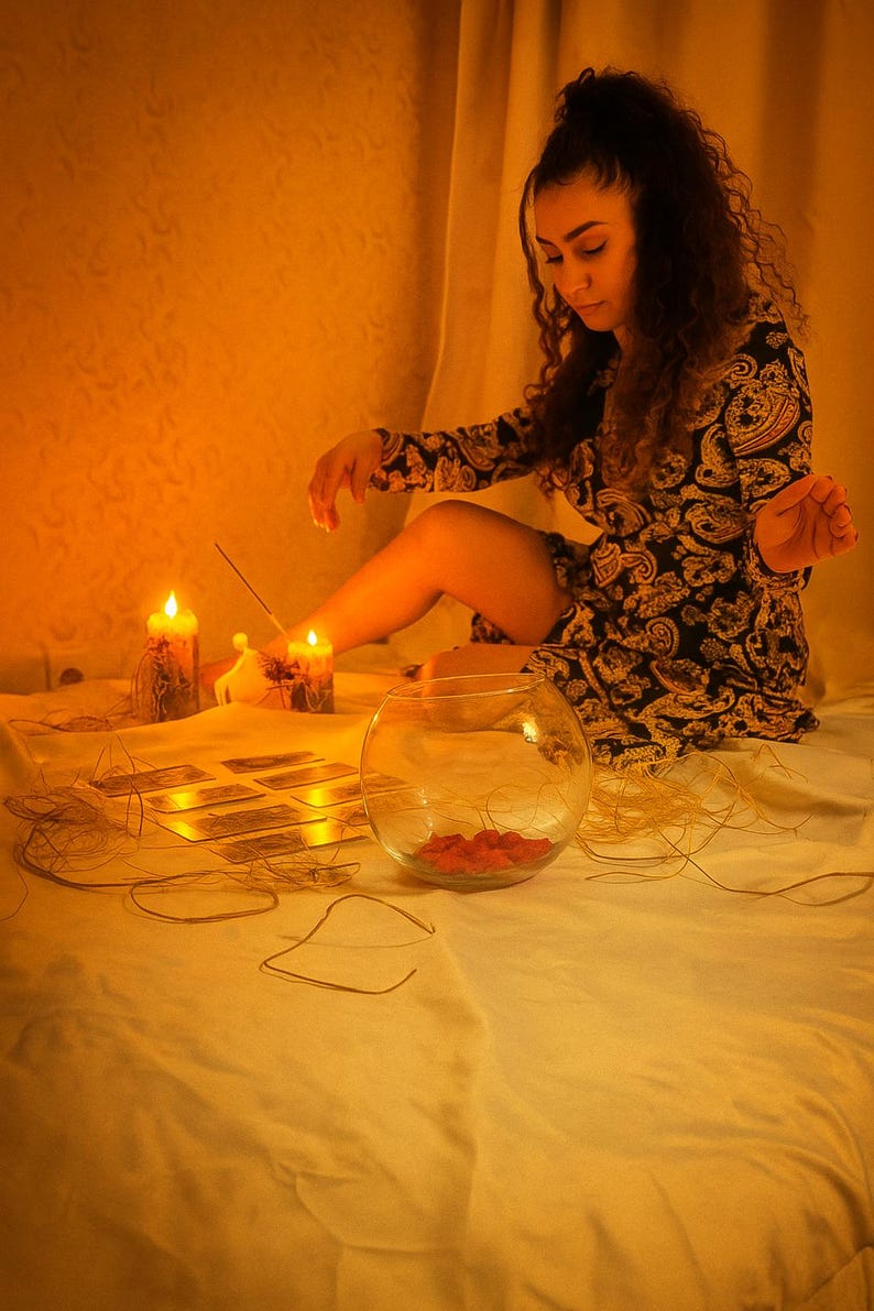 May include: A dimly lit scene with a person in a black and gold patterned dress. Tarot cards, candles, and a glass bowl with red objects are arranged on a white surface, suggesting a spiritual or mystical theme.
