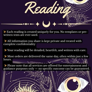 May include: A dark purple graphic with the word "Reading" in a stylized font. The image includes celestial illustrations of eyes, suns, moons, and stars. Text details the service, emphasizing unique readings, confidentiality, and entertainment purposes.