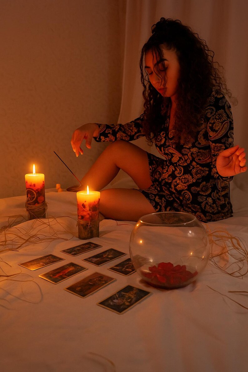 May include: A dimly lit scene featuring lit candles, tarot cards, and a glass bowl with red petals. The candles are cylindrical with decorative elements. The tarot cards are arranged on a white surface, suggesting a mystical or spiritual theme.