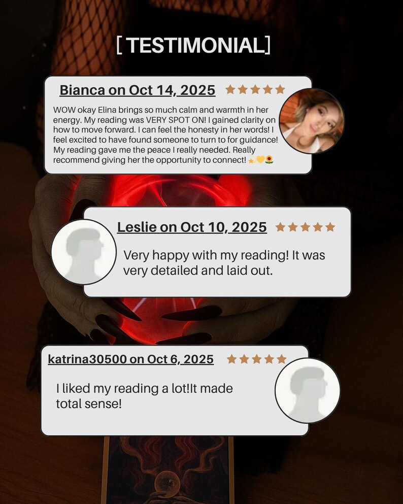 May include: Image featuring three customer testimonials with star ratings. The text includes positive feedback about a reading service, mentioning clarity, honesty, and guidance. The testimonials are set against a dark, mystical background.
