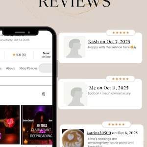 May include: A screenshot displaying Etsy shop reviews. The word "REVIEWS" is at the top. Customer feedback includes dates, usernames, and comments. A phone screen shows a listing for a clairvoyant psychic reading.