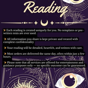 Extremely detailed psychic reading offering 12 future predictions that reveal truth about your path. Clairvoyant guidance helps uncover opportunities, lessons, and hidden blessings. Receive spiritual clarity about upcoming love, career, and personal transformation.